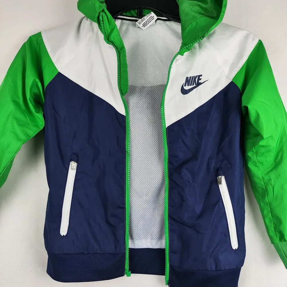 Nike Jacket Kids 4-5Y Green Blue White Hooded Windbreaker Full Zip Mesh Lined